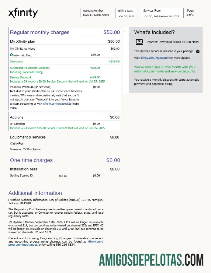 para download Modelo de fatura de serviços públicos Xfinity dos EUA em formatos Word e PDF, 3 páginas, versão 4, 3ª página